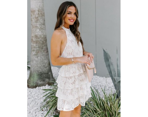 To Be Loved Tiered Lace Halter Dress