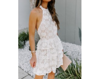 To Be Loved Tiered Lace Halter Dress