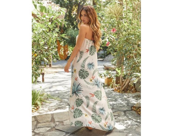 Summer Lover Strapless Palm Print High Low Maxi Dress