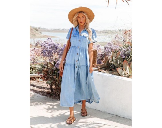 Shiloh Tiered Button Down Chambray Maxi Dress